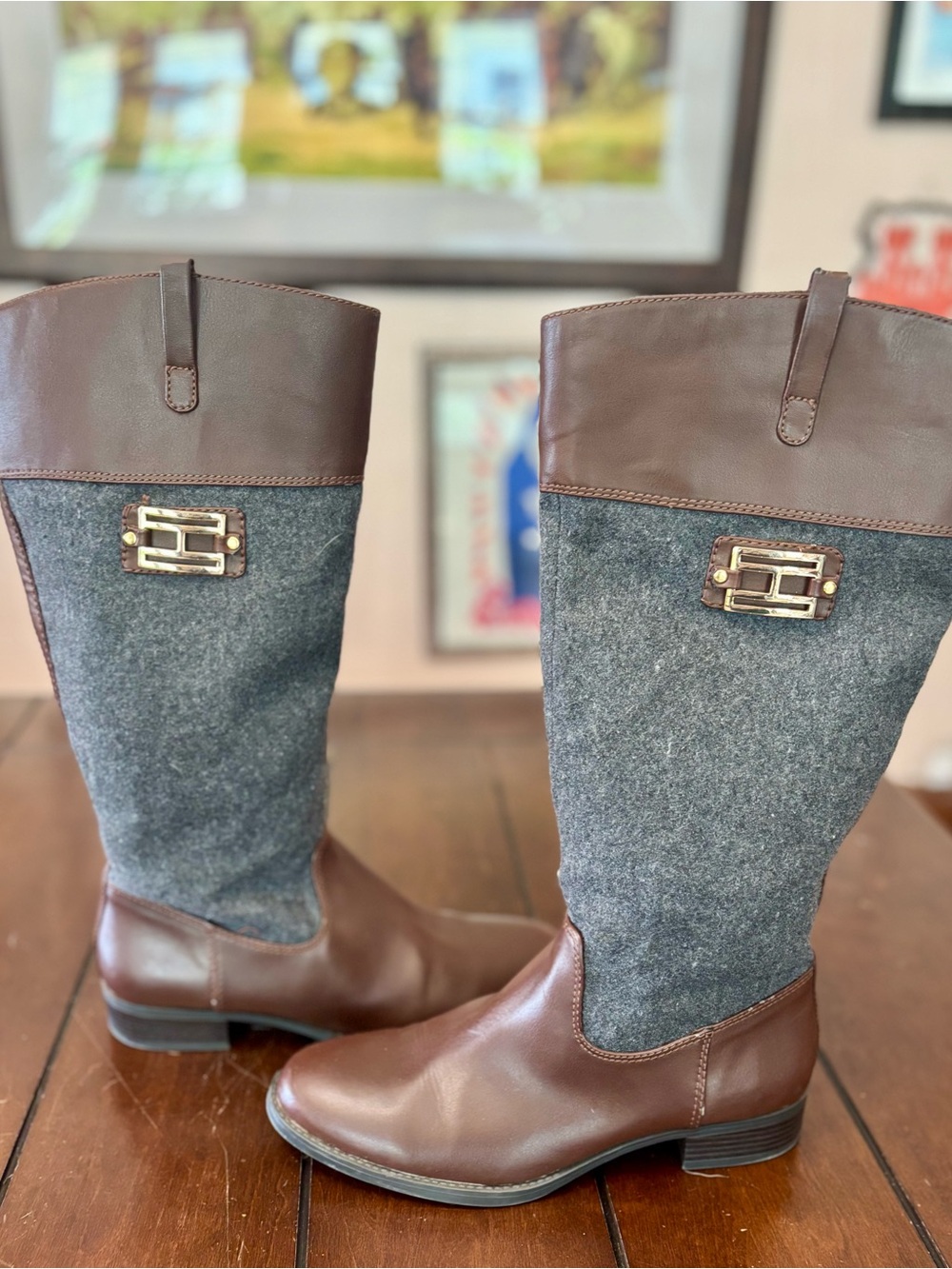 Tommy Hilfiger Mid Calf Riding Boots Brown Leather Gray Wool Mixed Media.
